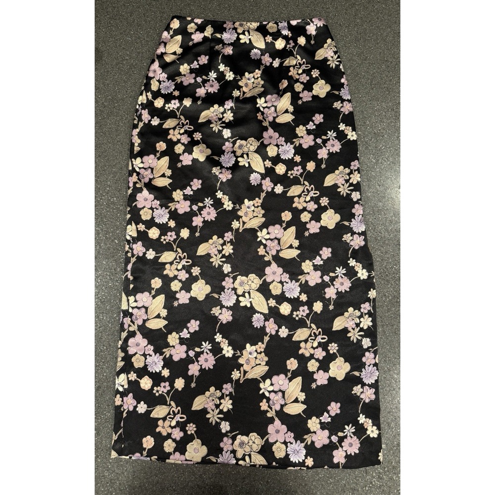 Vintage Iz‎ Byer Y2K 90s Satin Floral Black Maxi Skirt Zip Purple Size 9